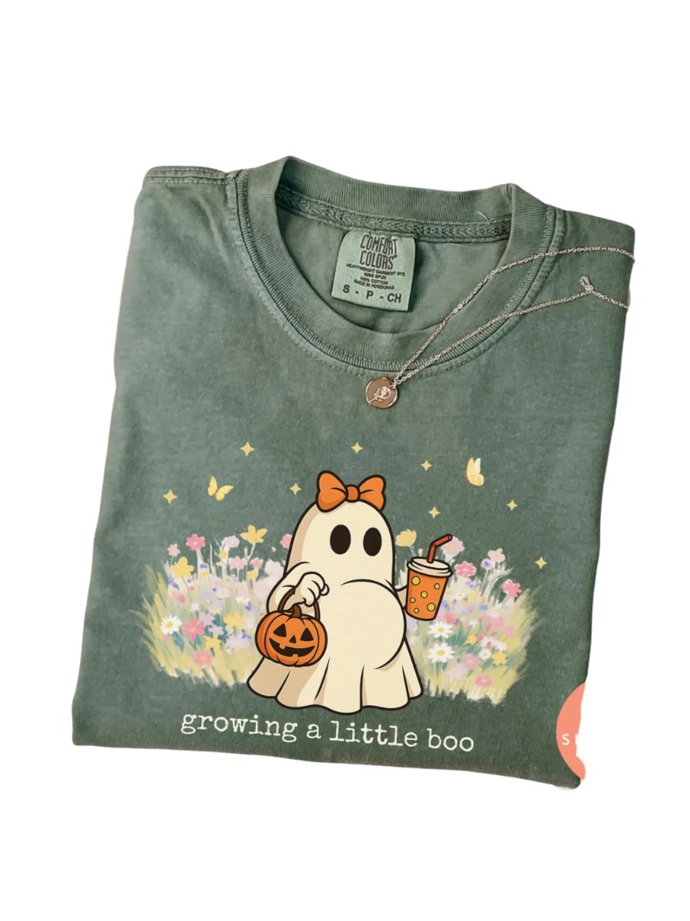 Comfort Colors Moss Halloween 'Growing a Little Boo' Graphic Tee